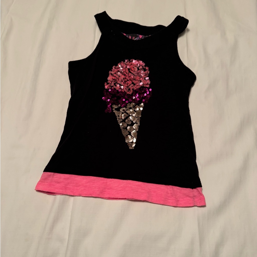 Justice Girls Black Tank Top Pink Sequin Ice Cream Cone Y2K Glam Size 8